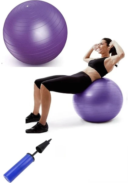 65 cm Fitilli Pilates Topu ve Pompa Seti Plates Yoga Spor Egzersiz Top Jimnastik Fitness Gym Mor