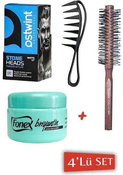 Ostwin 2135 Şekillendirici Wax Tarağı+Fnx Briyantin+Pudra WAX20GR+ Venüsline 1401 Fön Fırçası