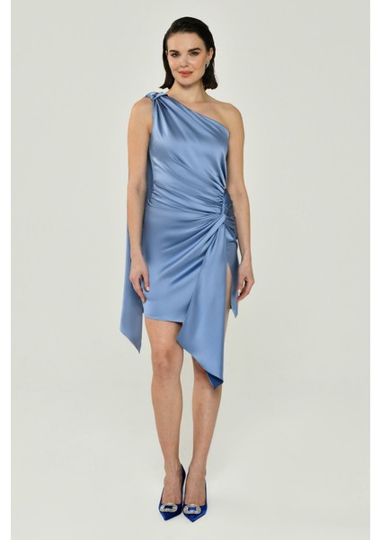 Yırtmaç Detaylı Tek Omuz Mavi Kadın Elbise 2316204