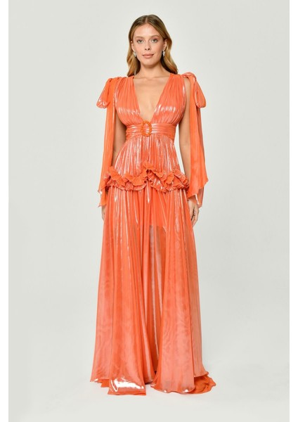 V Yaka Turuncu Kadın Elbise 2316272