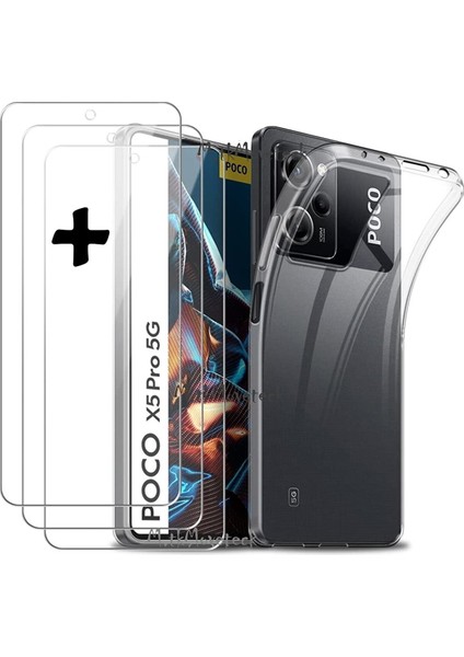 Xiaomi Poco X5 Pro Uyumlu Kılıf Kamera Çıkıntılı Korumalı Şeffaf Silikon + 9h Ekran Koruyucu Cam Set 2in1 Clear fiyatları