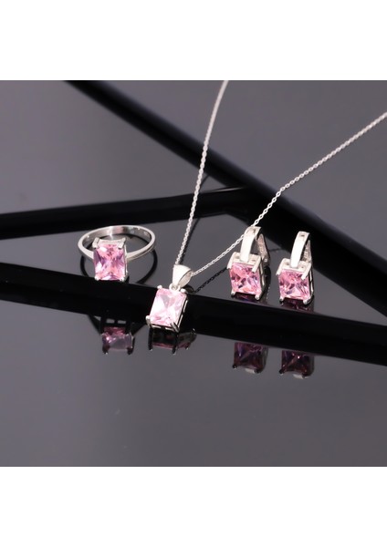 925 Ayar Gümüş Pembe Baget Taşlı Kolye Küpe Yüzük Takı Seti