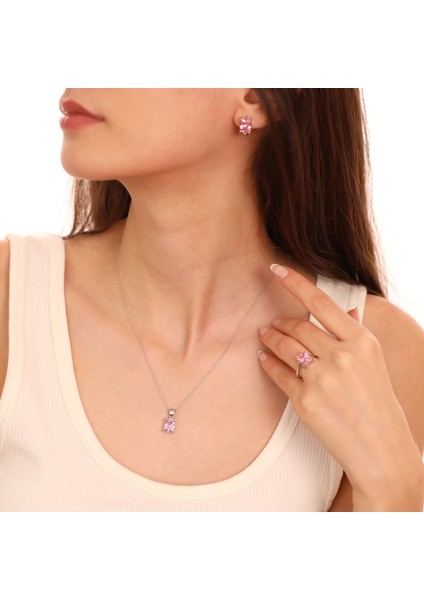 925 Ayar Gümüş Pembe Baget Taşlı Kolye Küpe Yüzük Takı Seti modelleri