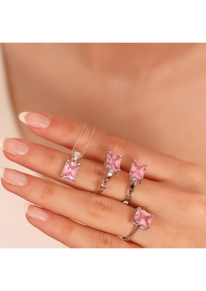 925 Ayar Gümüş Pembe Baget Taşlı Kolye Küpe Yüzük Takı Seti fırsatları