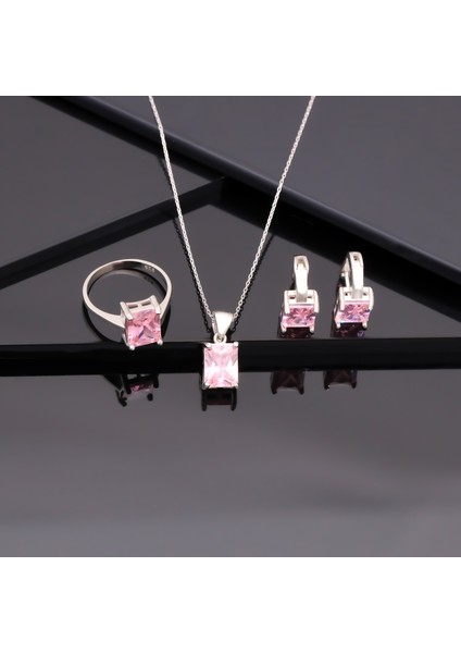 925 Ayar Gümüş Pembe Baget Taşlı Kolye Küpe Yüzük Takı Seti indirimleri