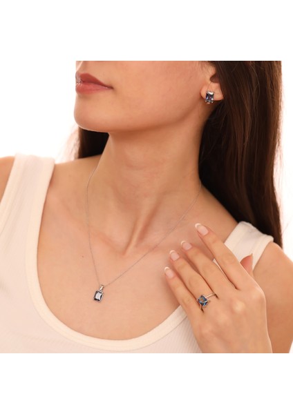 925 Ayar Gümüş Mavi Mistik Baget Taşlı Kolye Küpe Yüzük Takı Seti fiyatları