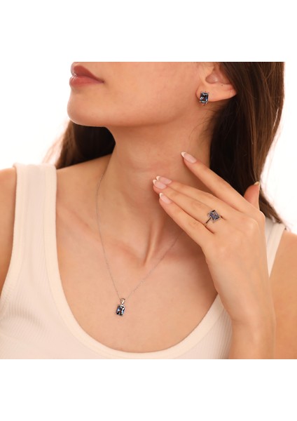 925 Ayar Gümüş Mavi Mistik Baget Taşlı Kolye Küpe Yüzük Takı Seti modelleri