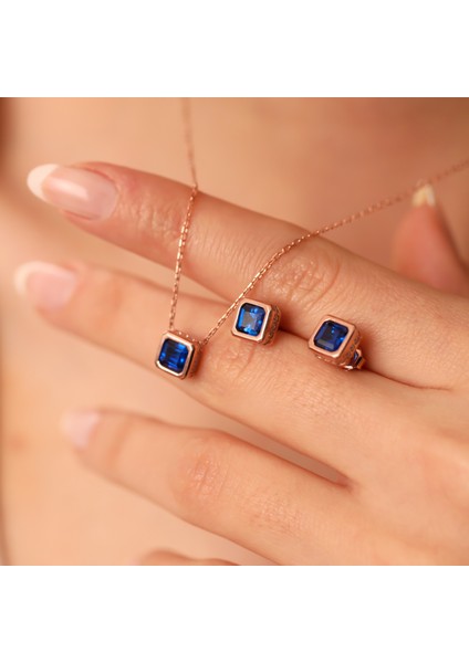 925 Ayar Gümüş Safir Renk Kare Taşlı Baget Takı Seti fırsatları