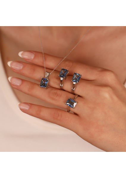 925 Ayar Gümüş Mavi Mistik Baget Taşlı Kolye Küpe Yüzük Takı Seti fırsatları