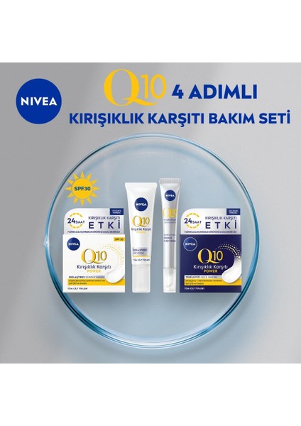 NIVEA Q10 Nemlendirici Gündüz Bakım Kremi 50 ml, SPF30 Yüksek Güneş Koruması, Nemlendirici Gece Kremi 50 ml, Göz Bakım Kremi 15 ml ve Anında Etkili Cilt Serumu 15ml, Cilt Bakım Seti