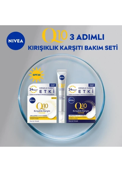 NIVEA Q10 Nemlendirici Gündüz Bakım Kremi 50 ml, SPF30 Yüksek Güneş Koruması, Nemlendirici Gece Kremi 50 ml ve Anında Etkili Cilt Serumu 15 ml, Cilt Bakım Seti