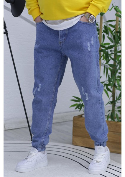 Erkek Lastikli Boyfriend Kot Pantolon 100% Pamuk Mavi Renk Rahat Kesim