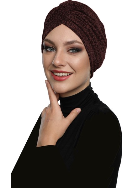 Brokar Bantlı Kahverengi Astarlı Hazır Türban Tesettür Bone