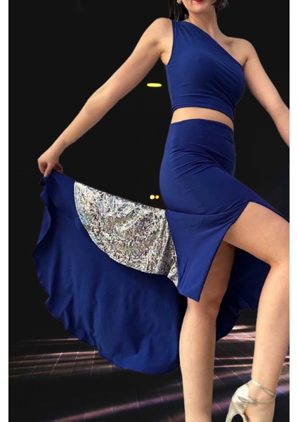 Due Stelle Saks Royal Blue Hologram Arkası Volanlı Tango Eteği