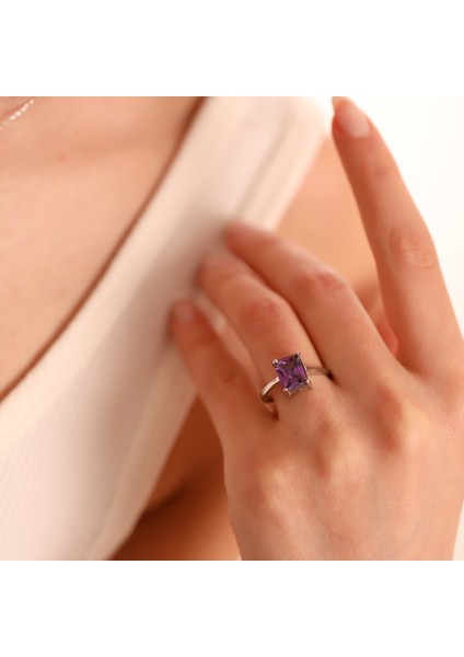 925 Ayar Gümüş Ametist Baget Taşlı Yüzük fiyatları