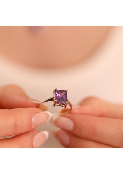 925 Ayar Gümüş Ametist Baget Taşlı Yüzük indirimleri