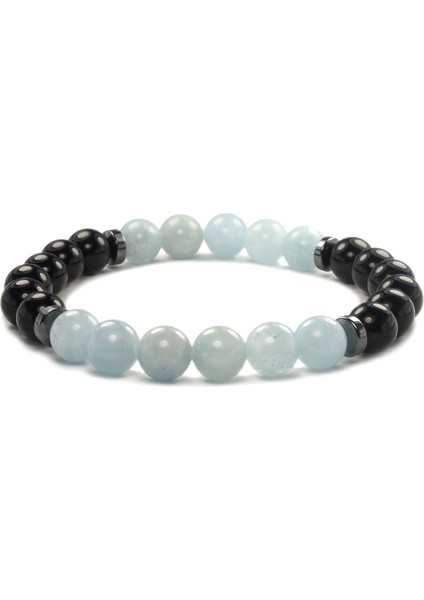 Sertifikalı Aquamarin- Obsidyen Doğal Taş Bileklik 8 mm