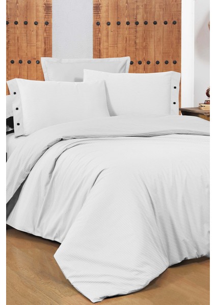 New Fancy Stripe Beyaz King Size (Battal Boy) %100 Pamuk Çizgili Nevresim Takımı