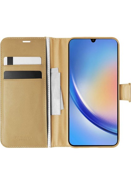 Samsung Galaxy A34 Kılıf Kar Deluxe Kapaklı Standlı Kartlıklı Korumalı Gold