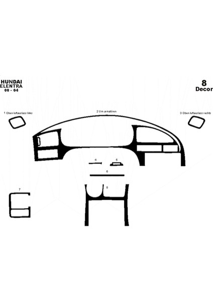 Meriç® Hyundai Elantra Ön Torpido Kaplama Maun 8 Parça 2000-2004