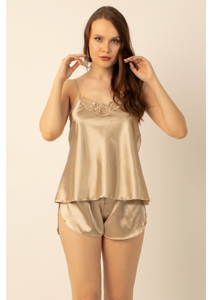 Ince Askılı Güpürlü Saten Şortlu Takım modelleri