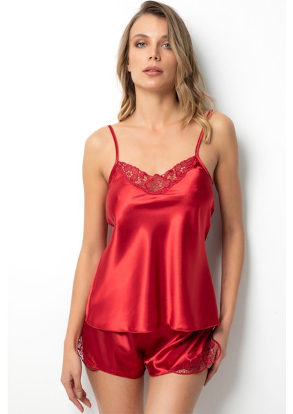 Ince Askılı Güpürlü Saten Şortlu Takım modelleri