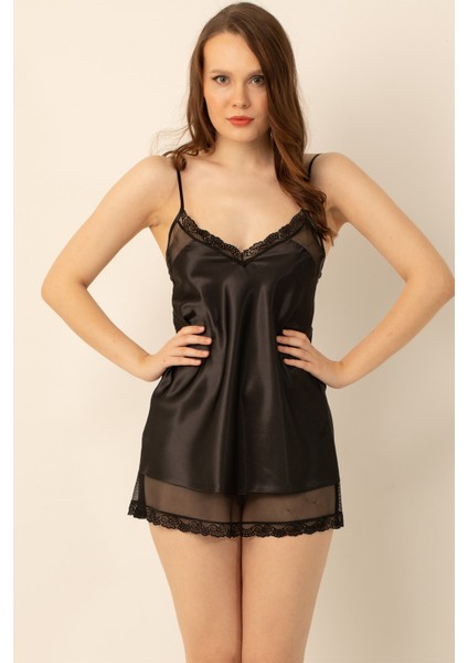 Saten Ayarlanabilir Askılı Tül Detaylı Mini Gecelik fırsatları