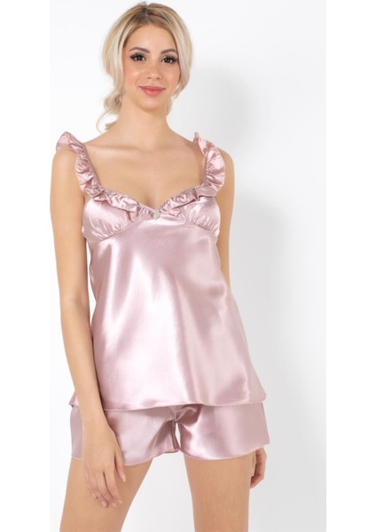 Taş Detaylı Fırfır Askılı Saten Şortlu Takım fiyatları