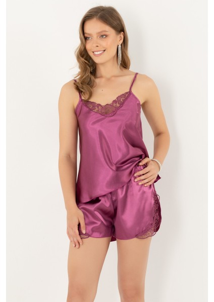 Ince Askılı Güpürlü Saten Şortlu Takım modelleri