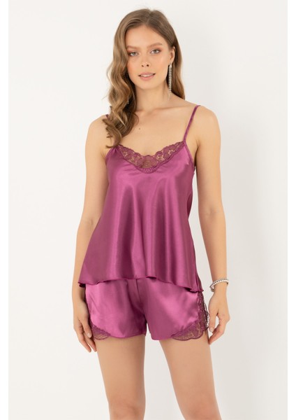 Ince Askılı Güpürlü Saten Şortlu Takım fırsatları