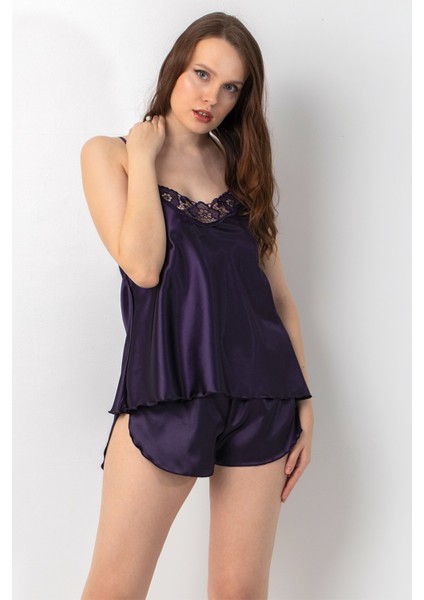 Ince Askılı Güpürlü Saten Şortlu Takım