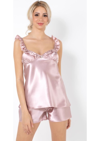 Taş Detaylı Fırfır Askılı Saten Şortlu Takım fiyatları