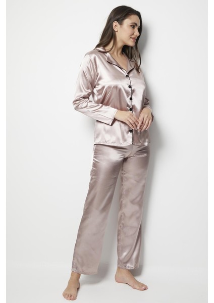 Kadın Kahverengi Saten Uzun Kol Pijama Takımı modelleri