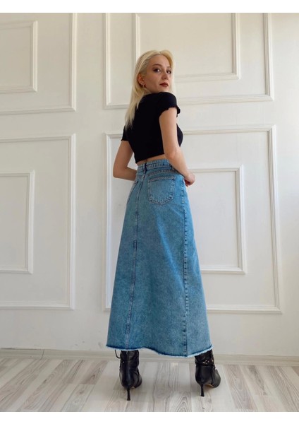 Kadın Önden Yırtmaçlı Denim Etek Buz Mavi