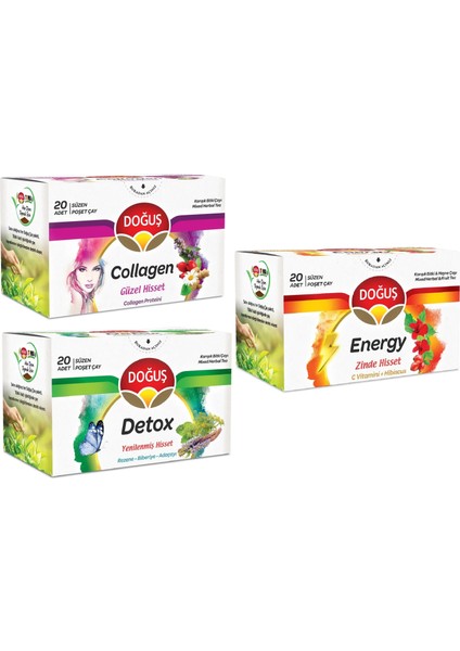 3'lü Deneme Paketi Collagen - Detox - Energy Bardak Poşet Çay 3 Adet 20'li