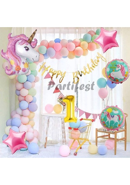 Unicorn Konsept 1 Yaş Balon Doğum Günü Set Tek Boynuzlu At Unicorn Yaş Balon Set