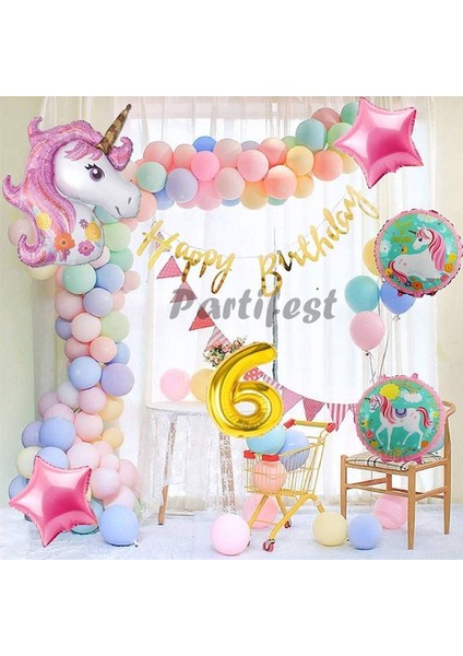 Unicorn Konsept 6 Yaş Balon Doğum Günü Set Tek Boynuzlu At Unicorn Yaş Balon Set