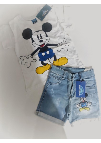 Mıckey Nakışlı Lazer Kesi Detaylı Erkek Çocuk Kot Şortlu Takım - Mavi