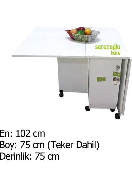 Hamarat 8 Kişilik Katlanır Yemek Masası, Açılır Kapanır Masa, Mutfak Masa-Dolaplı-Led Işıklı-Tekerli