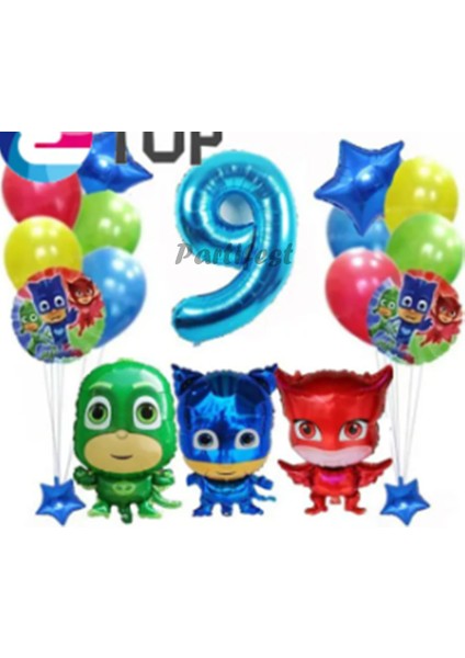 Pijamaskeliler 9 Yaş Balon Seti Pjmasks Konsept Helyum Balon Set Pijamaskeli Doğum Günü Set