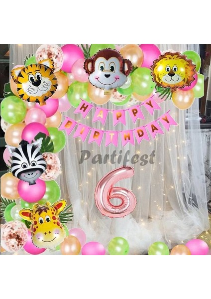 Kız Çocuk Safari Hayvanlar 6 Yaş Balon Set Pembe Safari Helyum Balon Set Safari Doğum Günü Set