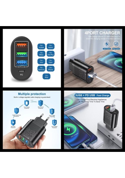 C5 Type-C+3 Usb Port Şarj Adaptörü + C1 Type-C To Type-C 5A/100W Şarj ve Data Kablosu -2mt