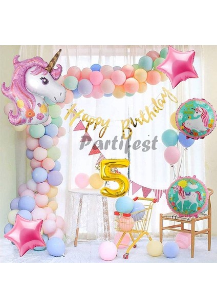 Unicorn Konsept 5 Yaş Balon Doğum Günü Set Tek Boynuzlu At Unicorn Yaş Balon Set