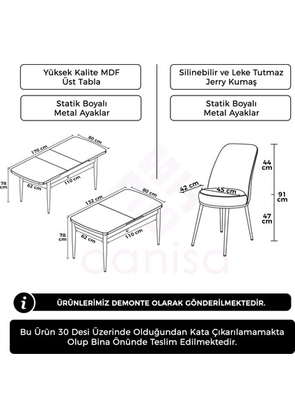 Concept Canisa Zen Serisi Açılabilir Mdf Beyaz Mermer Desen Mutfak Masa Takımı+6 Adet Sandalye (80 x 132 Cm)