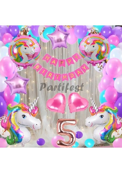 Gökkuşağı Unicorn Konsept 5 Yaş Balon Doğum Günü Set Tek Boynuzlu At Unicorn Yaş Balon Set