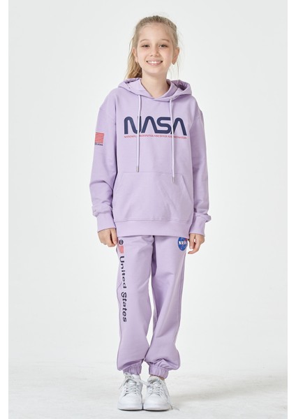 Black One Kız Çocuk Unisex Grimelanj Nasa Baskı Detaylı Oversize Kapüşonlu Çocuk Eşofman Takımı