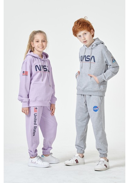 Black One Kız Çocuk Unisex Grimelanj Nasa Baskı Detaylı Oversize Kapüşonlu Çocuk Eşofman Takımı