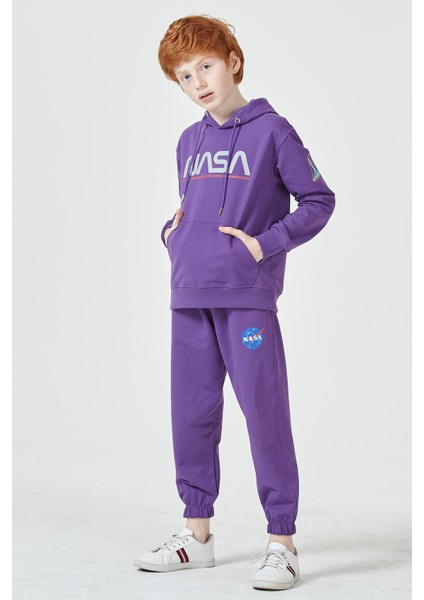 Erkek Çocuk Unisex Nasa Baskı Detaylı Oversize Kapüşonlu Çocuk Eşofman Takımı
