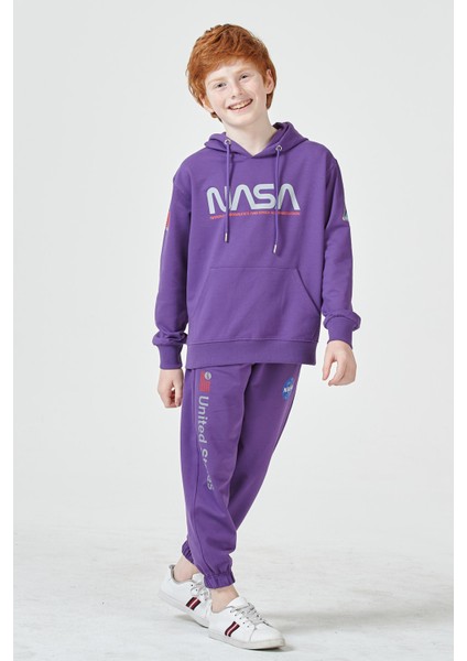 Erkek Çocuk Unisex Nasa Baskı Detaylı Oversize Kapüşonlu Çocuk Eşofman Takımı