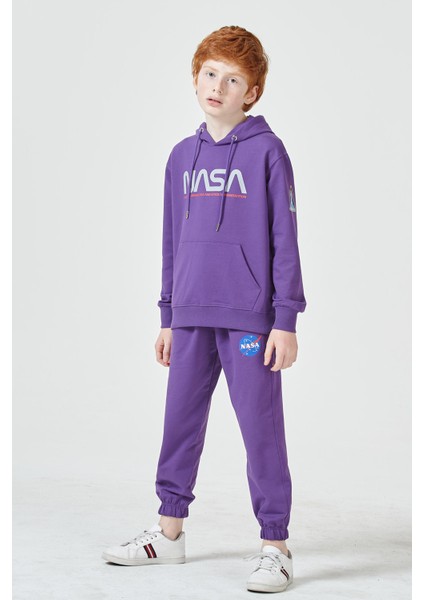 Erkek Çocuk Unisex Nasa Baskı Detaylı Oversize Kapüşonlu Çocuk Eşofman Takımı